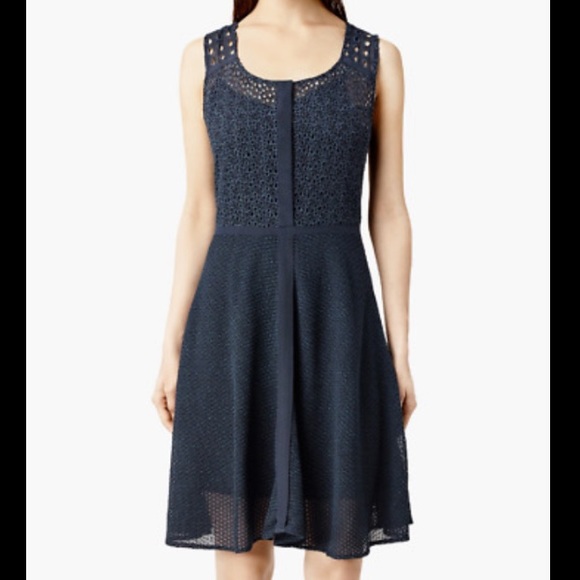 AllSaints Navy Blue Eyelet Lace Embroidered A-Line Dress - Picture 5 of 8